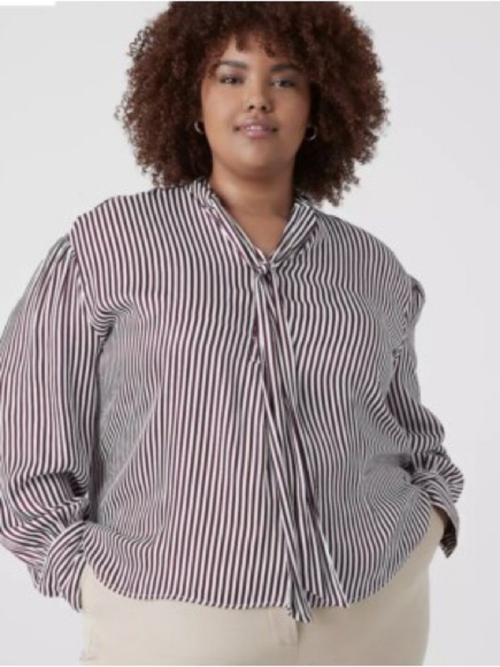 Lane Bryant Burgundy and White Striped Tie-Neck Blouse